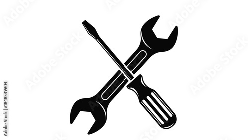 A crossed screwdriver and wrench simple black and white tool icons
