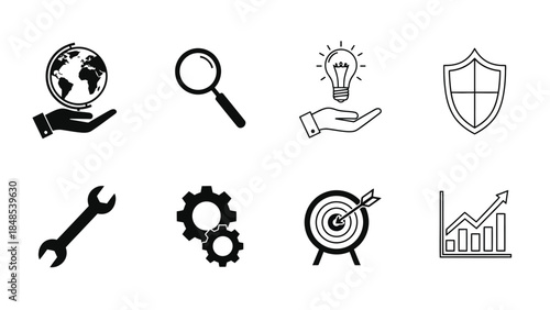 Various black icons representing global reach search ideas and security