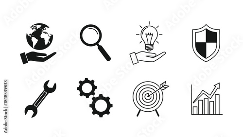 Various business and technology icons including a globe magnifying glass and shield