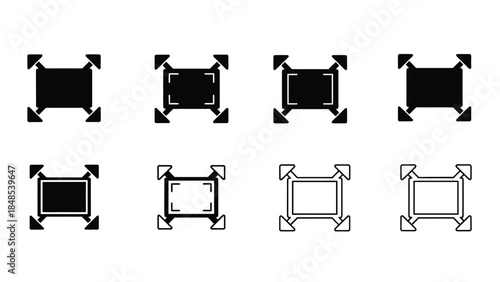 Variations of square icons with inward pointing arrow details displayed in rows
