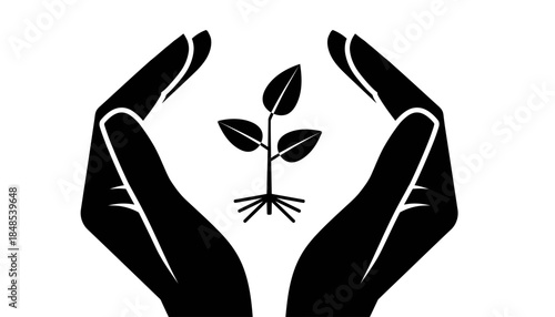 Two hands protecting a small plant with roots, symbolizing growth, care, and environmental conservation.