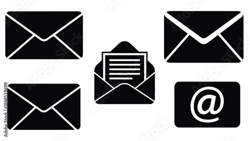 Black and white illustration depicting various email and letter icons