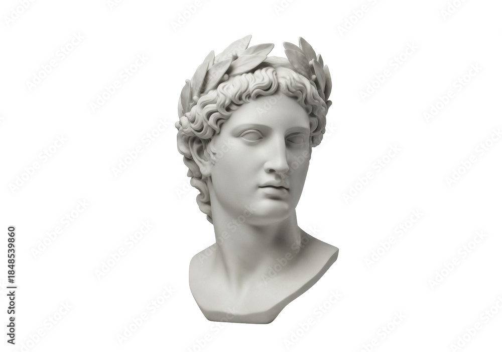 Obraz premium Apollo bust statue PNG isolated on transparent background, neoclassical sculpture of Greek god with laurel wreath for art and design projects