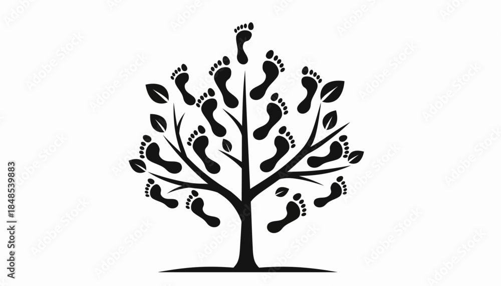 Obraz premium Abstract tree with human footprints as leaves, symbolizing growth, journey, and connection to nature.