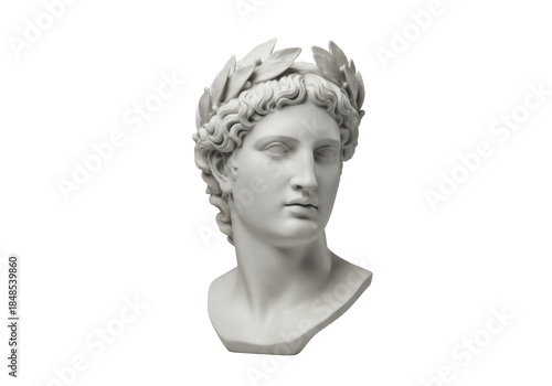 Apollo bust statue PNG isolated on transparent background, neoclassical sculpture of Greek god with laurel wreath for art and design projects