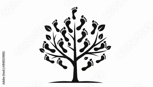 Abstract tree with human footprints as leaves, symbolizing growth, journey, and connection to nature.