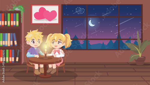 Romantic cartoon couple having candlelight dinner at home. Cute lovers holding hands near window with heart constellation view. Happy Valentine's Day concept. Night sky with moon and star on outside.