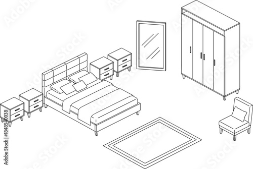 Isometric bedroom furniture outline illustration set featuring bed, wardrobe, mirror, nightstands, chair and rug in clean linear vector style