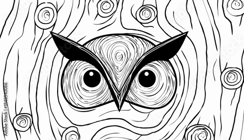 Stylized black and white illustration of an owl's face emerging from a wood grain pattern, featuring circular textures and a wise expression.