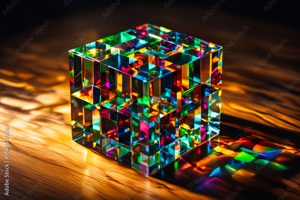 Fototapeta premium Prismatic Glass Cube with Vibrant Rainbow Light Dispersion and Glossy Finish