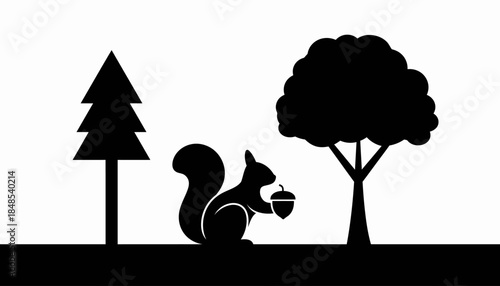 Black and white silhouette of a squirrel holding an acorn between two trees, minimalist nature scene.