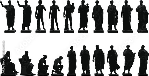 Classical statue silhouettes collection, ancient Greek Roman sculpture figures vector set, historic art statues isolated on white background
