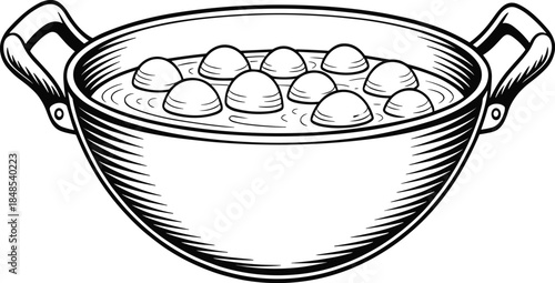 Vintage Woodcut Style Vector Illustration of a Traditional Cooking Wok or Deep Pan Containing Boiling Dumplings or Food Items for Culinary Branding.