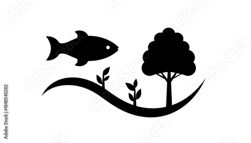 Stylized black and white illustration of a fish, plants, and a tree, representing nature and environment.