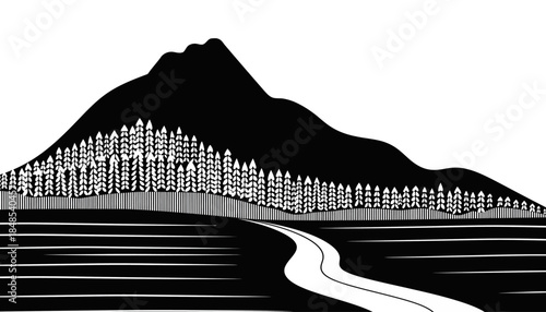 Stylized black and white landscape with a winding road leading towards a mountain and dense forest.