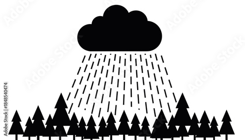 Stylized black and white illustration of a rain cloud over a forest of pine trees, depicting a natural weather phenomenon.