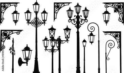 Ornate vintage street lamp silhouettes collection, classic decorative lantern streetlight vector set, retro urban outdoor lighting elements isolated white
