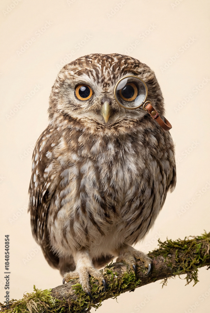 Fototapeta premium Little Owl Wearing a Magnifying Glass