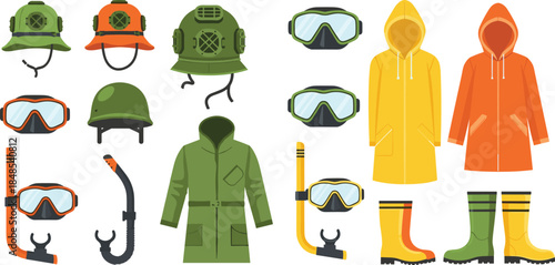Protective workwear and safety gear illustration set featuring helmets, goggles, raincoats, boots and diving equipment in flat vector style