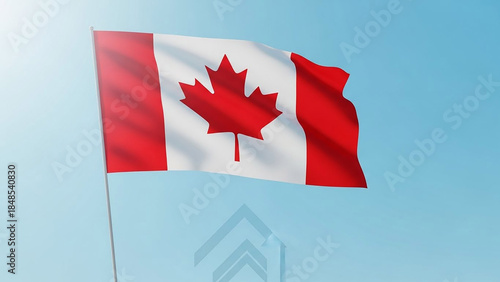 canadian flag waving in clear blue sky with bright sunlight and soft clouds background