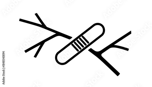 Black and white illustration of a medical plaster on a broken branch, symbolizing healing and recovery in nature.