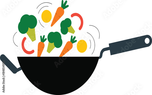 Colorful Flat Vector Illustration of a Black Wok Being Tossed with Fresh Broccoli, Carrots, and Bell Peppers, Showcasing Healthy Sautéed Cooking Techniques.