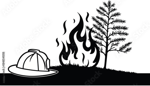 Firefighter helmet with burning tree and flames, symbolizing forest fire and emergency response.