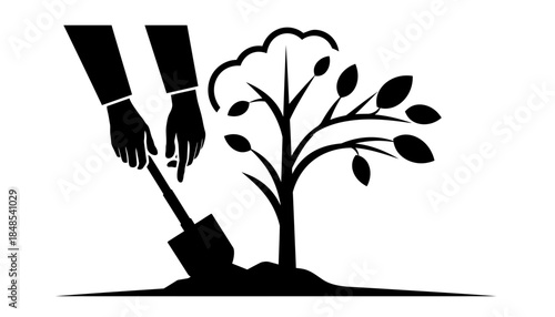 Illustration of hands planting a small tree with a shovel, symbolizing growth, nature, and environmental care.