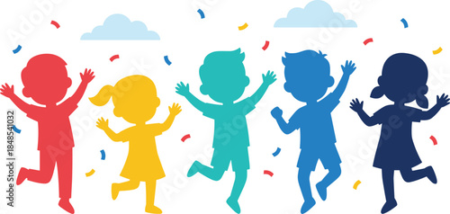 Colorful kids silhouette vector illustration, happy children playing together outdoors on grass hill with toys, balloon, sun