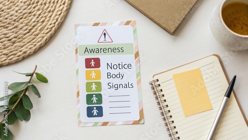 Card with the word Awareness and icons representing body signals, placed on a desk with office supplies.