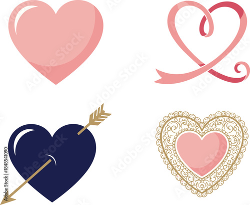 Romantic heart illustration set featuring elegant love symbols, arrow heart and decorative lace designs for Valentine and wedding projects
