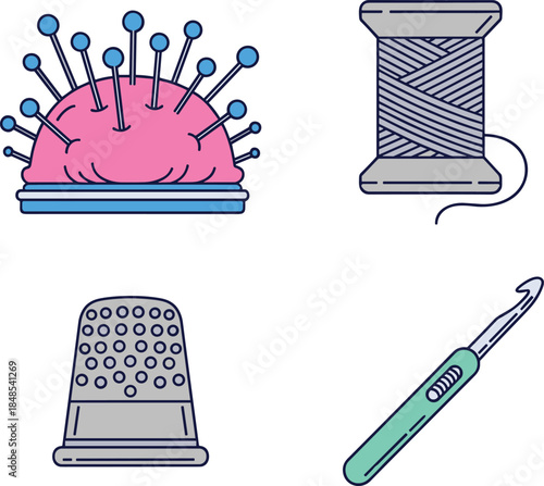 Sewing and crafting tools illustration set featuring pin cushion, thread spool, thimble and crochet hook icons for handmade needlework design
