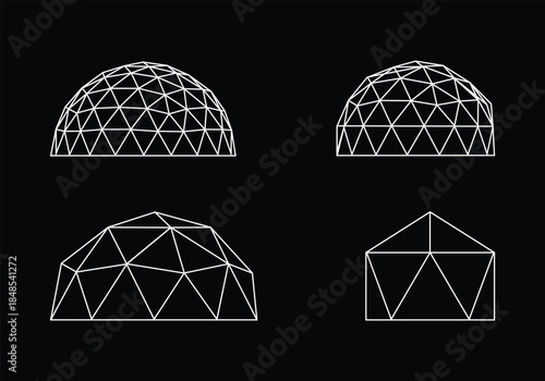 Geodesic Domes Vector Illustration.  Set of Four Architectural Dome Structures Isolated on Black Background