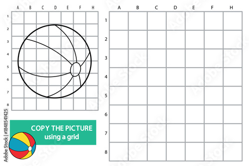 Kids worksheet with a cute beach ball character. Copy the picture using a grid activity for children. Black and white line art with empty grid for drawing practice, learning, education and fine motor 