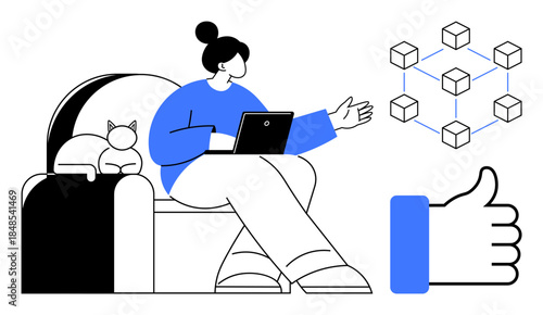 Blockchain technology. A person working remotely on a couch with a laptop, visualizing blockchain networks. Blockchain enhancing secure data sharing. For tech, innovation, teamwork, education