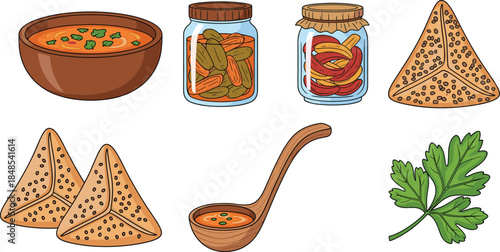 Traditional food and ingredient illustration set featuring soup, pickled vegetables, samosas, herbs and kitchen utensils in colorful flat vector style