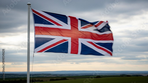 United kingdom flag with union jack design flying high on a pole against cloudy sky over green fields