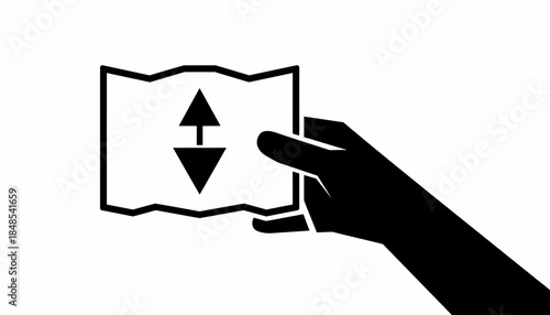 A black and white illustration of a hand holding a crumpled piece of paper with up and down arrows, symbolizing a resizing or adjustment action.