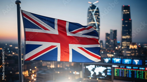 Union Jack flag of United Kingdom waving in front of London skyline at dusk, financial district