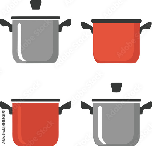 Four-Piece Flat Vector Icon Set Featuring Two Red and Two Grey Large Cooking Pots with Lids for Kitchenware and Culinary Design.