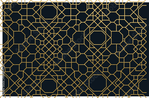Set of luxury gold Islamic geometric seamless patterns on black background, Arabic line art ornaments collection for Ramadan Kareem and Eid Mubarak.