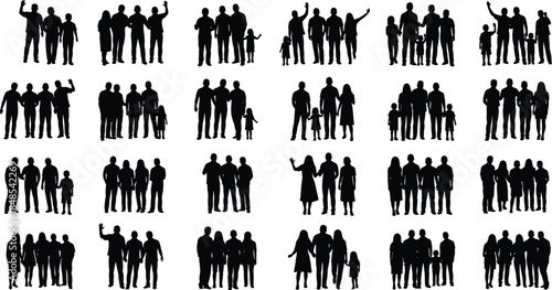 Family silhouettes vector set, diverse parents and children, black isolated icons, happy people, togetherness, parenting, relationships, bonding, unity, lifestyle, editable design elements