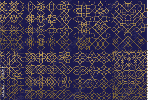 Set of luxury gold Islamic geometric seamless patterns, Arabic line art ornament collection for Ramadan Kareem and Eid Mubarak.