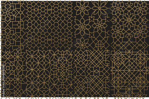 Luxury golden Islamic geometric seamless pattern background with elegant Arabic line art lattice for Ramadan, Eid festival and luxury branding.