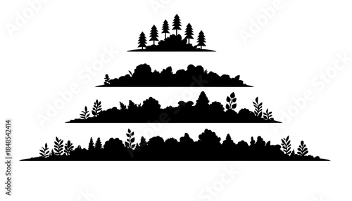 Black silhouette of various types of trees and bushes, creating a natural forest landscape.