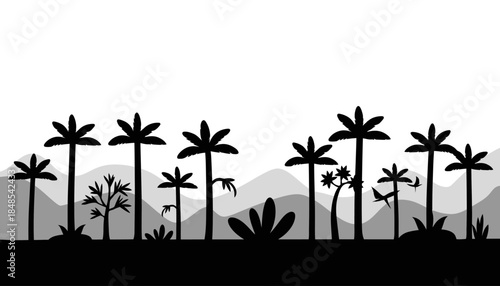 Monochrome jungle landscape silhouette with palm trees and mountains in the background.