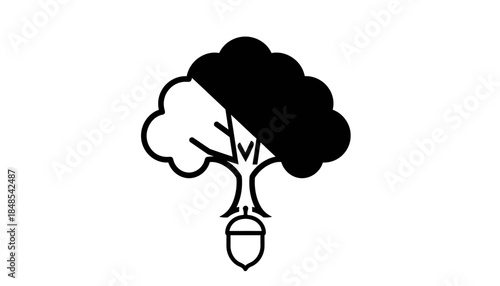 Stylized black and white tree icon with an acorn hanging from its roots, representing nature and growth.