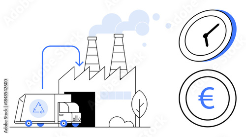 Waste management, recycling systems, environmental sustainability, economic efficiency, time management, industry workflow. Factory with truck and symbols for currency and time. Recycling systems