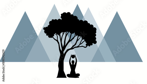 Serene meditation scene with person practicing yoga under a tree against a mountain backdrop.