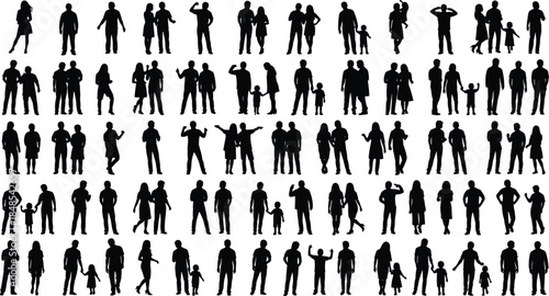 Silhouette vector illustration of diverse people, family, children, adults, walking, standing, interacting, posing, lifestyle, community, relationships, editable design for creative content use